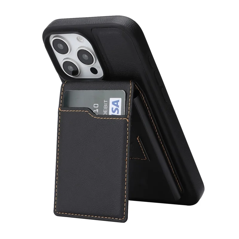 For iPhone 16 Pro Magnetic Cover Kickstand Leather Back Phone Shell with Detachable Pop-Up Card Case - Black