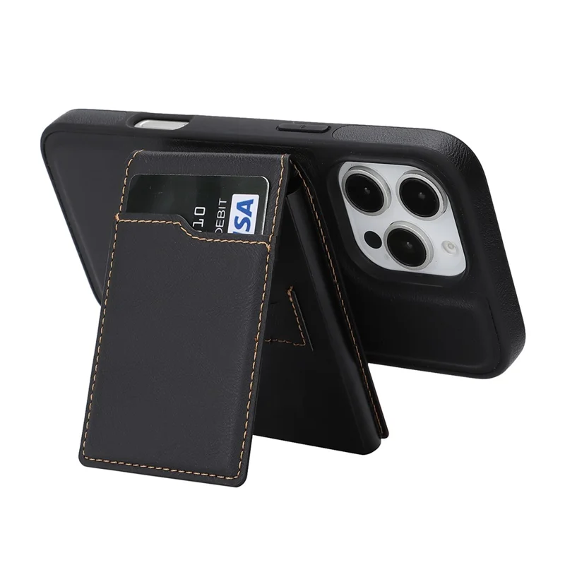 For iPhone 16 Pro Magnetic Cover Kickstand Leather Back Phone Shell with Detachable Pop-Up Card Case - Black