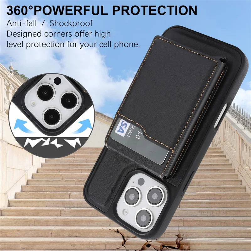 For iPhone 16 Pro Magnetic Cover Kickstand Leather Back Phone Shell with Detachable Pop-Up Card Case - Black