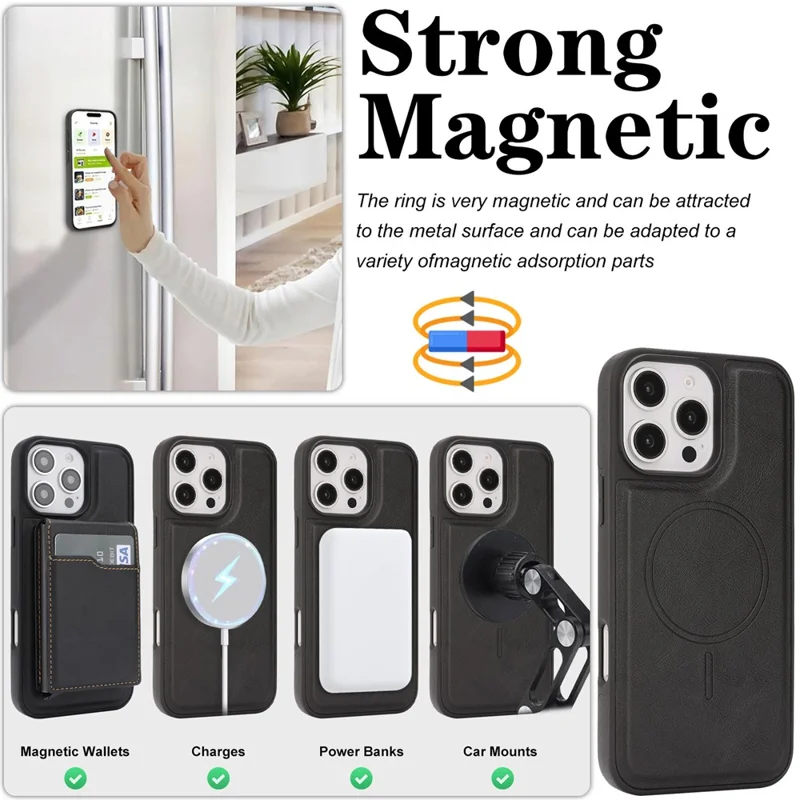 For iPhone 16 Pro Max Magnetic Cover Kickstand Leather Back Phone Shell with Detachable Pop-Up Card Case - Black