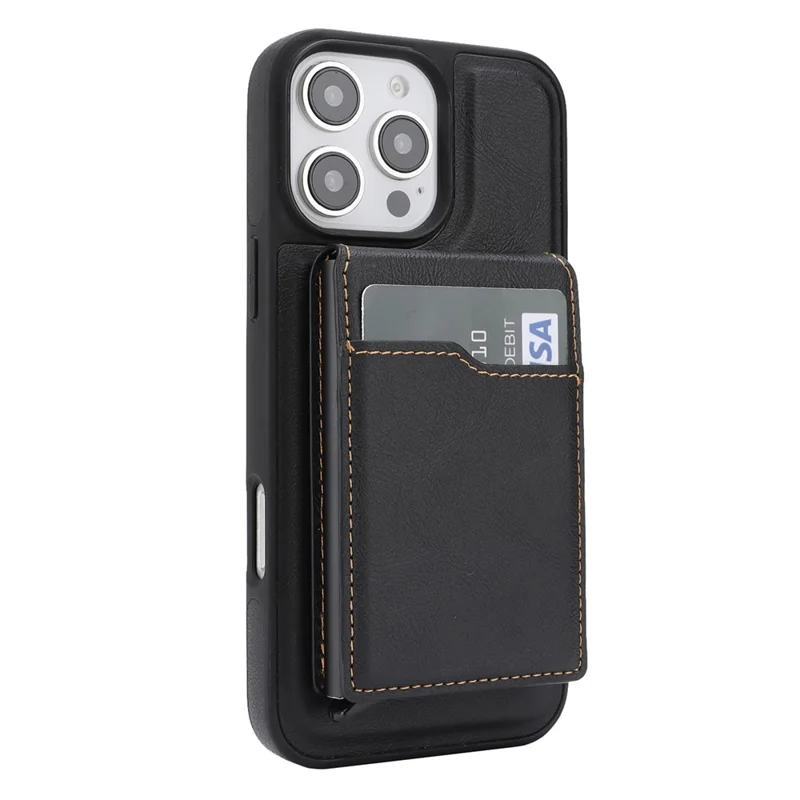 For iPhone 16 Pro Max Magnetic Cover Kickstand Leather Back Phone Shell with Detachable Pop-Up Card Case - Black