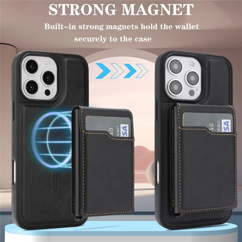 For iPhone 16 Pro Max Magnetic Cover Kickstand Leather Back Phone Shell with Detachable Pop-Up Card Case - Black