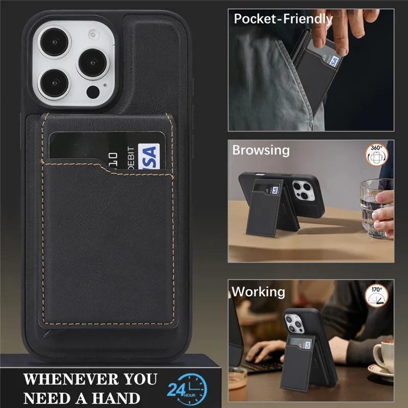 For iPhone 16 Pro Max Magnetic Cover Kickstand Leather Back Phone Shell with Detachable Pop-Up Card Case - Black