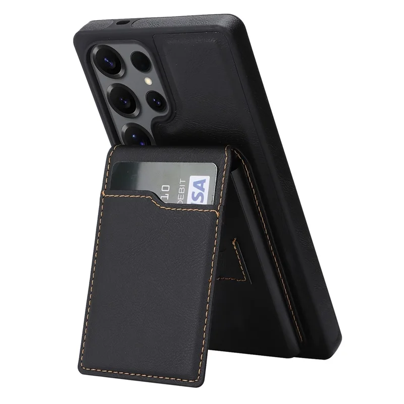 For Samsung Galaxy S26 Ultra Magnetic Cover Kickstand Leather Back Phone Shell with Detachable Pop-Up Card Case - Black