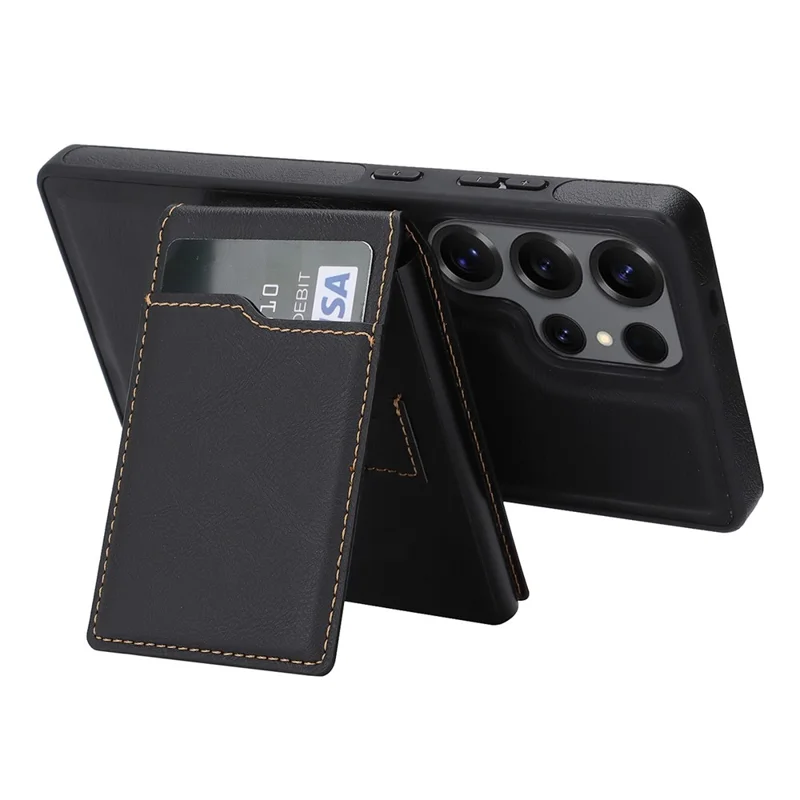 For Samsung Galaxy S26 Ultra Magnetic Cover Kickstand Leather Back Phone Shell with Detachable Pop-Up Card Case - Black