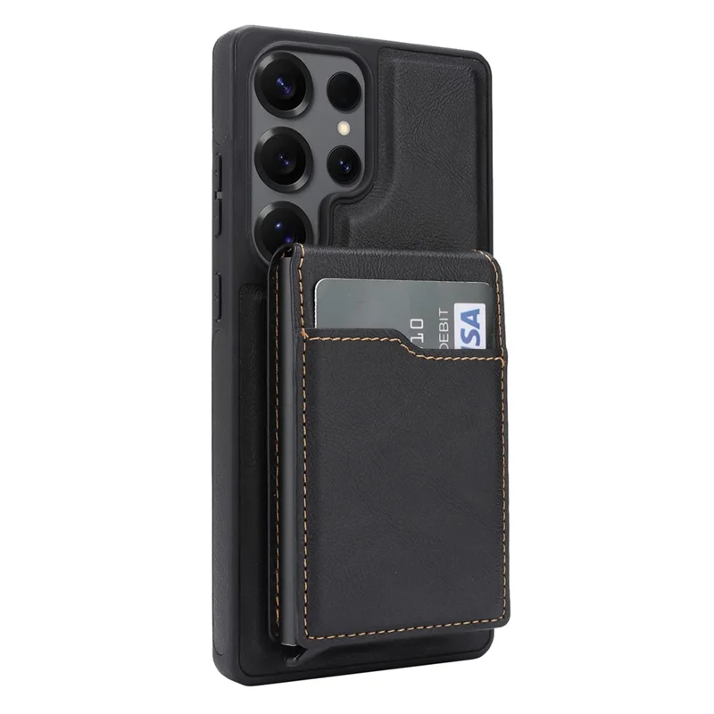 For Samsung Galaxy S26 Ultra Magnetic Cover Kickstand Leather Back Phone Shell with Detachable Pop-Up Card Case - Black