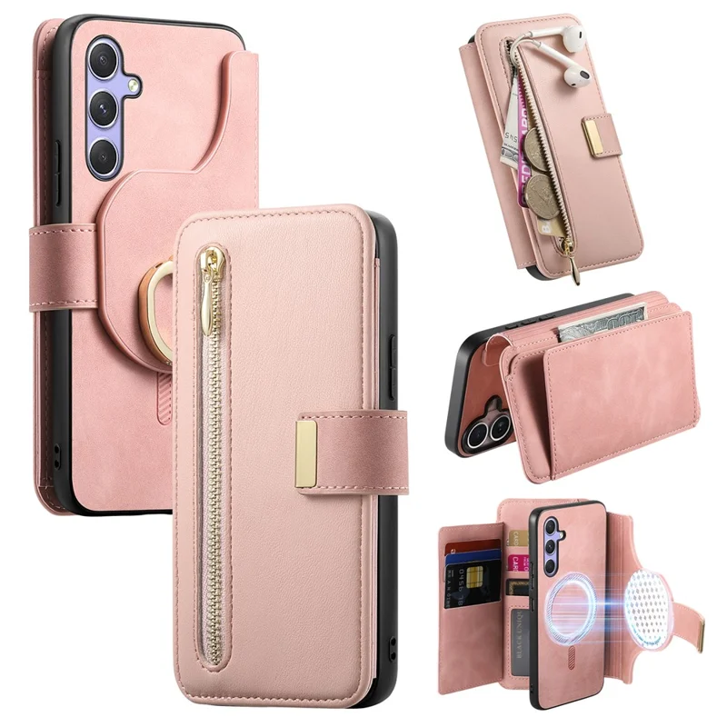 For Samsung Galaxy A17 4G  /  A17 5G Magnetic Leather Case with Detachable RFID Blocking Zipper Wallet Cover - Pink