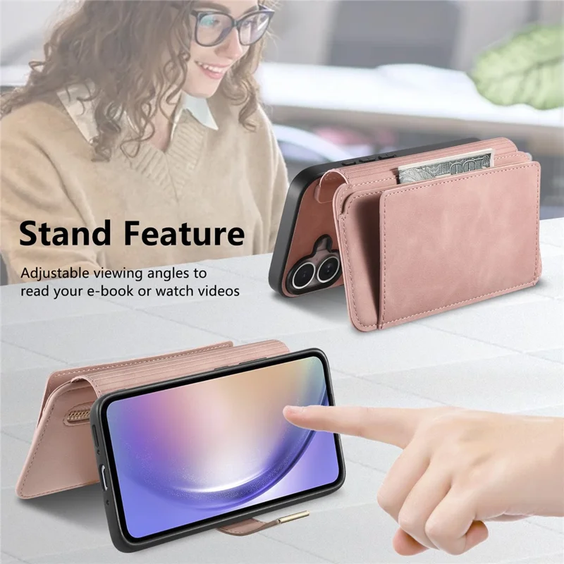 For Samsung Galaxy A17 4G  /  A17 5G Magnetic Leather Case with Detachable RFID Blocking Zipper Wallet Cover - Pink