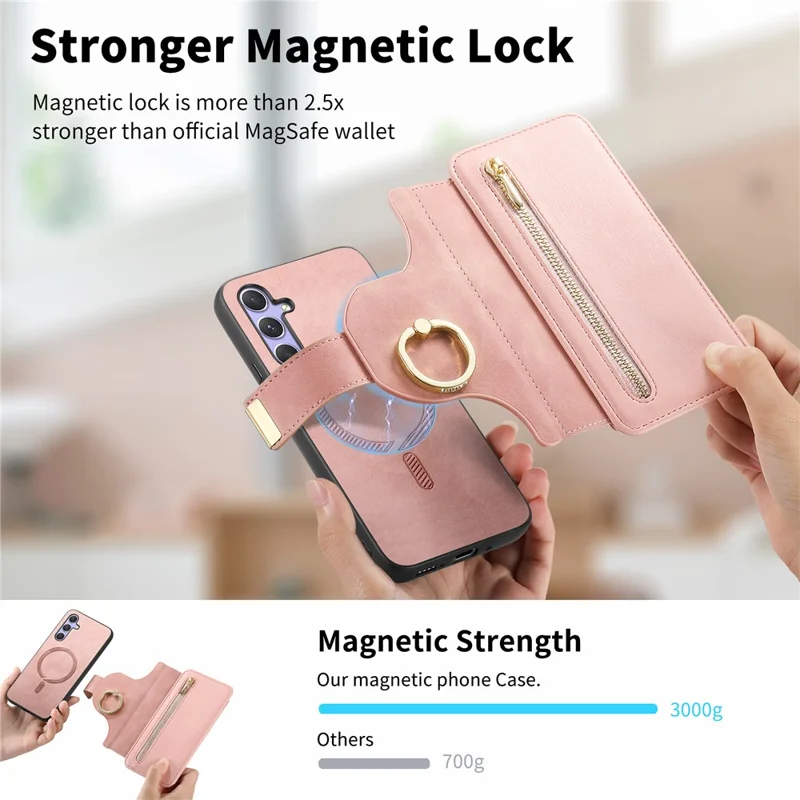 For Samsung Galaxy A17 4G  /  A17 5G Magnetic Leather Case with Detachable RFID Blocking Zipper Wallet Cover - Pink