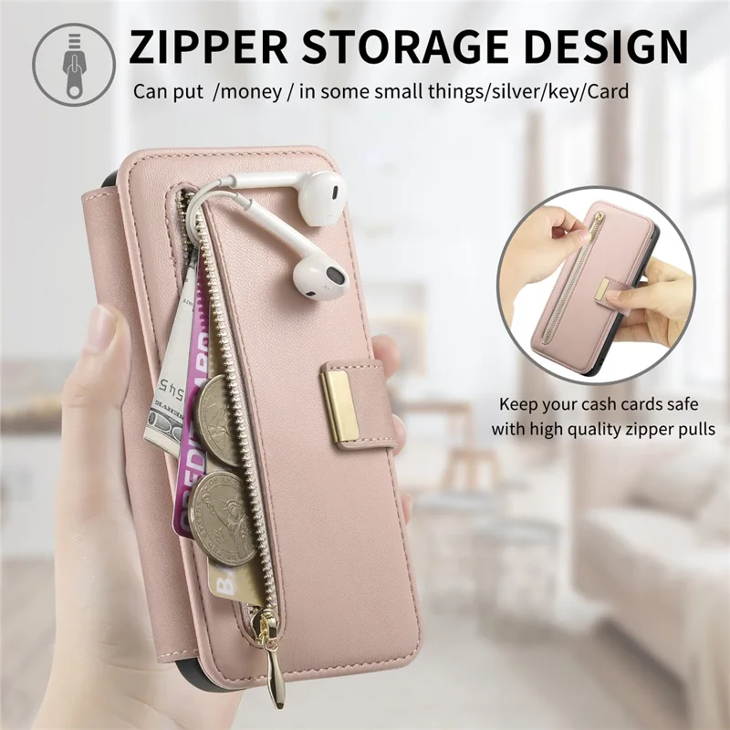 For Samsung Galaxy A17 4G  /  A17 5G Magnetic Leather Case with Detachable RFID Blocking Zipper Wallet Cover - Pink