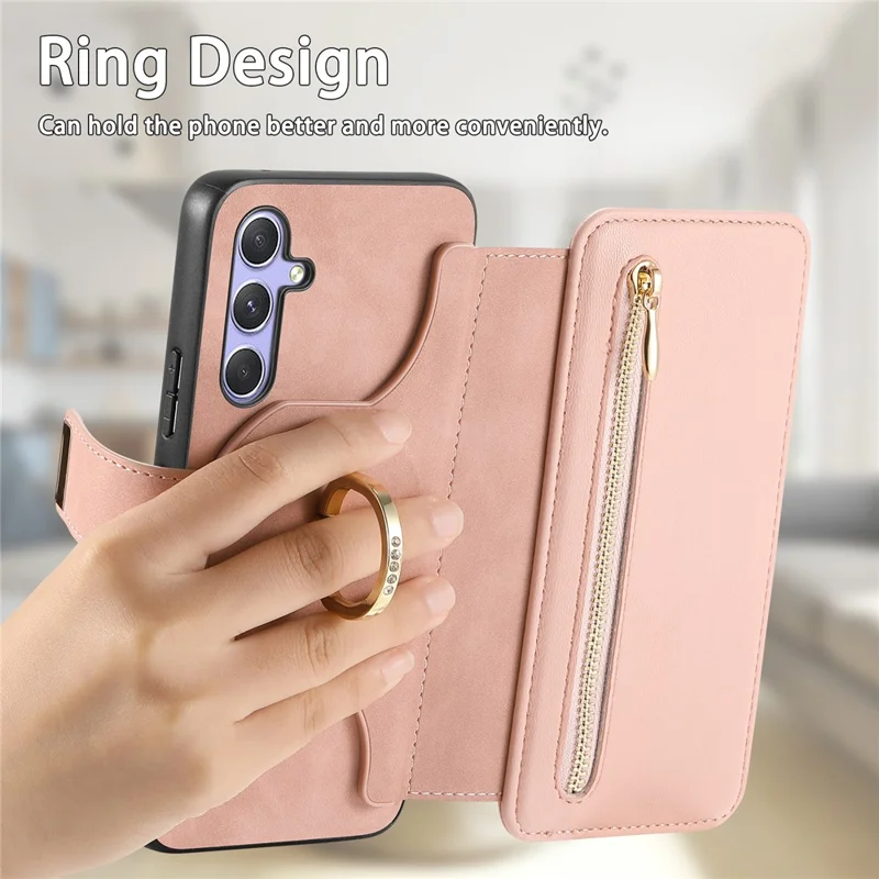 For Samsung Galaxy A17 4G  /  A17 5G Magnetic Leather Case with Detachable RFID Blocking Zipper Wallet Cover - Pink