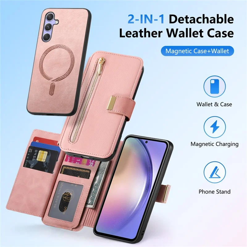 For Samsung Galaxy A17 4G  /  A17 5G Magnetic Leather Case with Detachable RFID Blocking Zipper Wallet Cover - Pink
