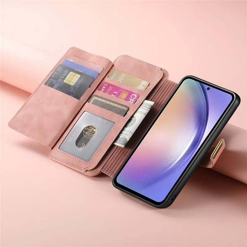 For Samsung Galaxy A17 4G  /  A17 5G Magnetic Leather Case with Detachable RFID Blocking Zipper Wallet Cover - Pink