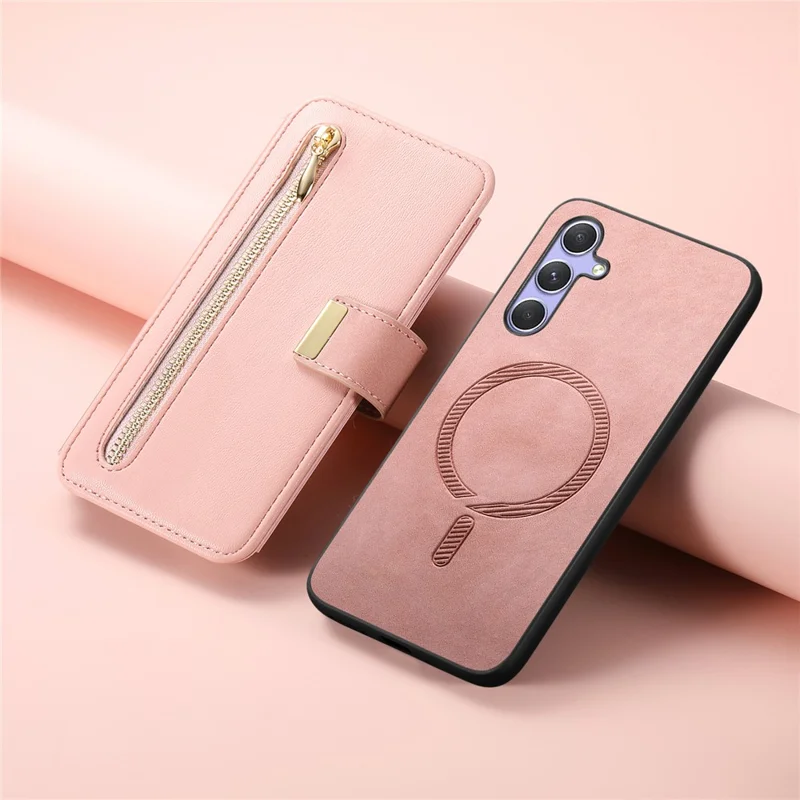 For Samsung Galaxy A17 4G  /  A17 5G Magnetic Leather Case with Detachable RFID Blocking Zipper Wallet Cover - Pink