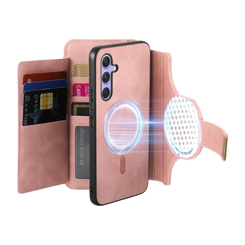 For Samsung Galaxy A17 4G  /  A17 5G Magnetic Leather Case with Detachable RFID Blocking Zipper Wallet Cover - Pink