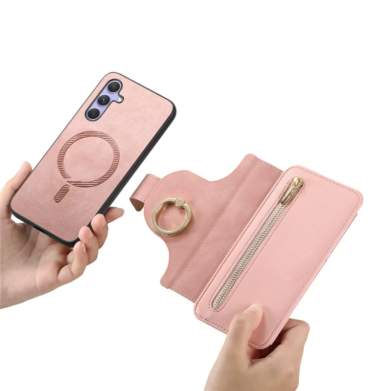 For Samsung Galaxy A17 4G  /  A17 5G Magnetic Leather Case with Detachable RFID Blocking Zipper Wallet Cover - Pink