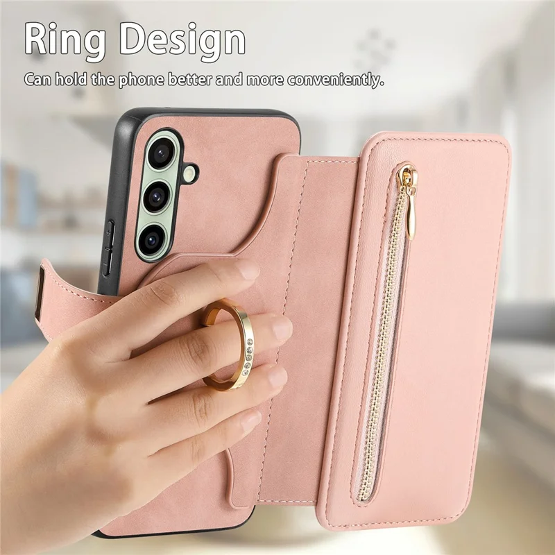 Etui magnetyczne z kieszenią na kartę RFID z odpinanym portfelem z zamkiem błyskawicznym z kozła syntetycznego do Samsung Galaxy S25 FE - różowe