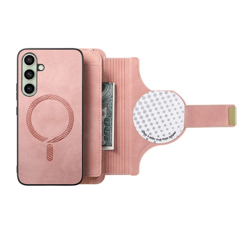 Etui magnetyczne z kieszenią na kartę RFID z odpinanym portfelem z zamkiem błyskawicznym z kozła syntetycznego do Samsung Galaxy S25 FE - różowe