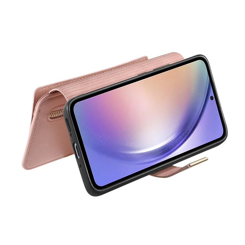 Etui magnetyczne z kieszenią na kartę RFID z odpinanym portfelem z zamkiem błyskawicznym z kozła syntetycznego do Samsung Galaxy S25 FE - różowe