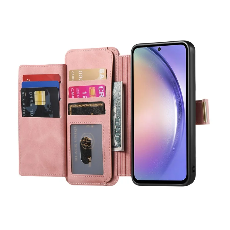 Etui magnetyczne z kieszenią na kartę RFID z odpinanym portfelem z zamkiem błyskawicznym z kozła syntetycznego do Samsung Galaxy S25 FE - różowe