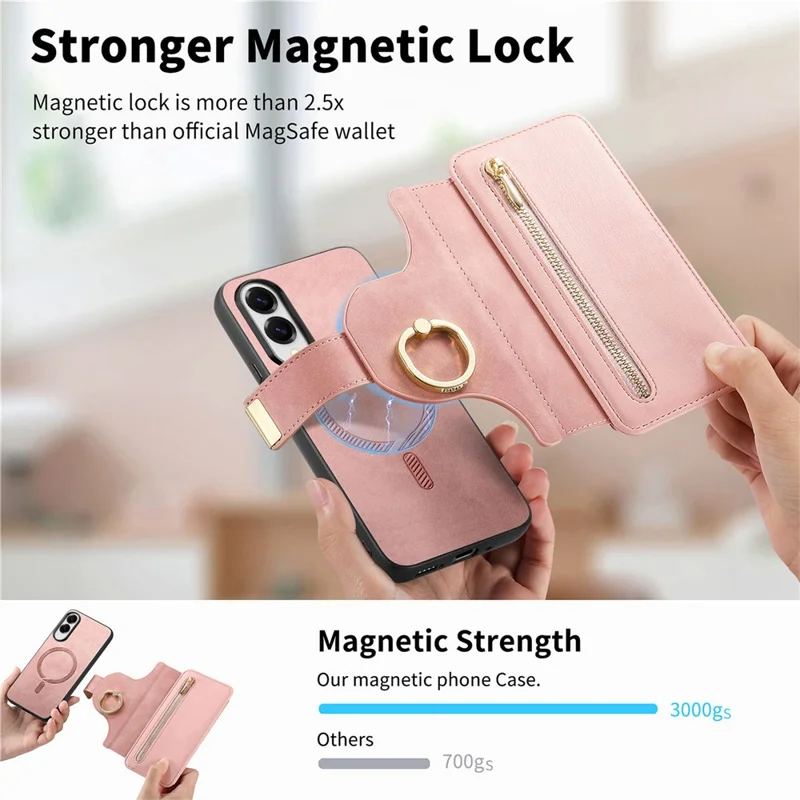 غطاء جلد مغناطيسي لهاتف Samsung Galaxy S25 Edge مع محفظة قابلة للفصل وحجب RFID وسحّاب - وردي