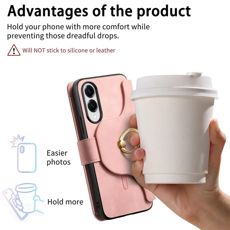 غطاء جلد مغناطيسي لهاتف Samsung Galaxy S25 Edge مع محفظة قابلة للفصل وحجب RFID وسحّاب - وردي