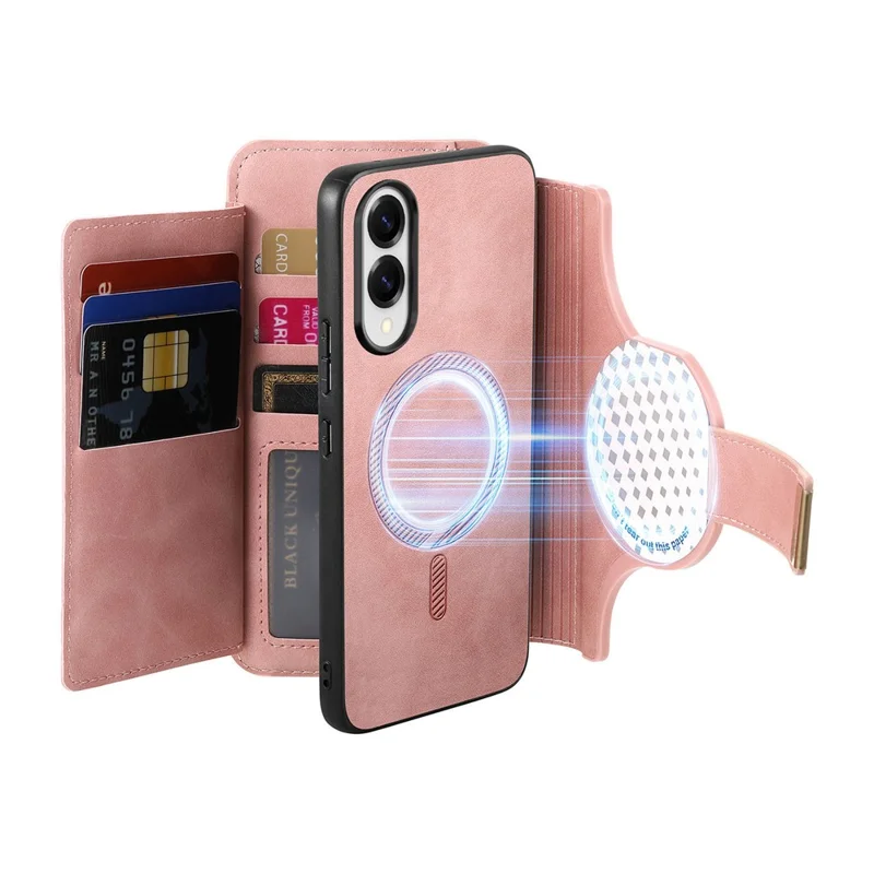 غطاء جلد مغناطيسي لهاتف Samsung Galaxy S25 Edge مع محفظة قابلة للفصل وحجب RFID وسحّاب - وردي