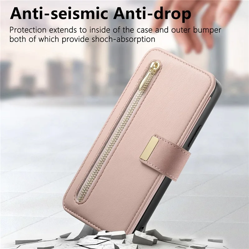 غطاء جلد مغناطيسي لهاتف Samsung Galaxy S25 Edge مع محفظة قابلة للفصل وحجب RFID وسحّاب - وردي