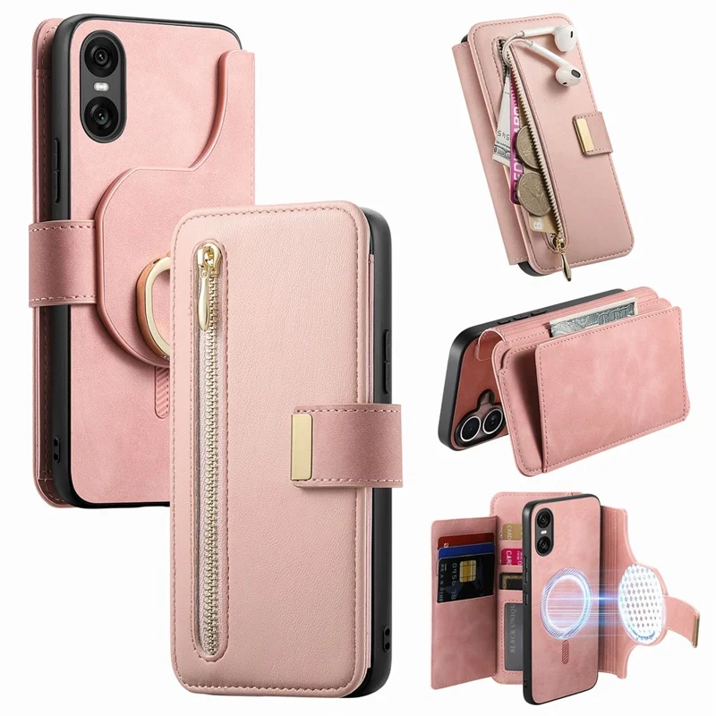 Магнитный кожаный чехол для Sony Xperia 10 VI с отсоединяемым RFID-защитным кошельком на молнии — розовый