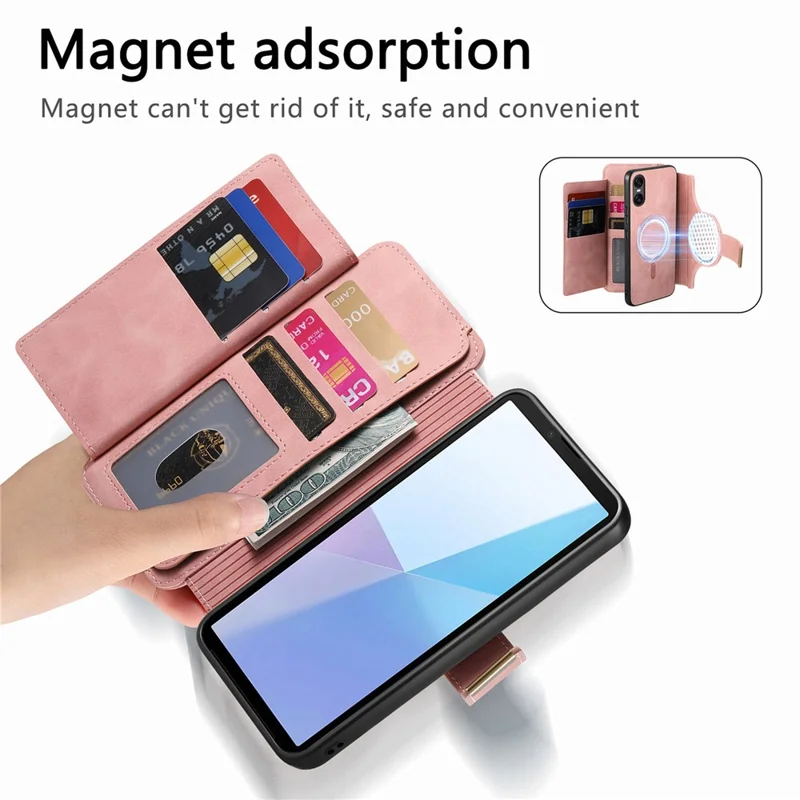Магнитный кожаный чехол для Sony Xperia 10 VI с отсоединяемым RFID-защитным кошельком на молнии — розовый