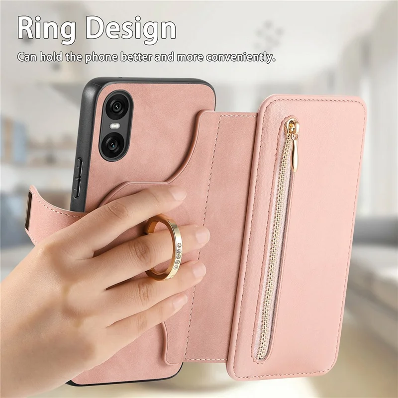 Магнитный кожаный чехол для Sony Xperia 10 VI с отсоединяемым RFID-защитным кошельком на молнии — розовый