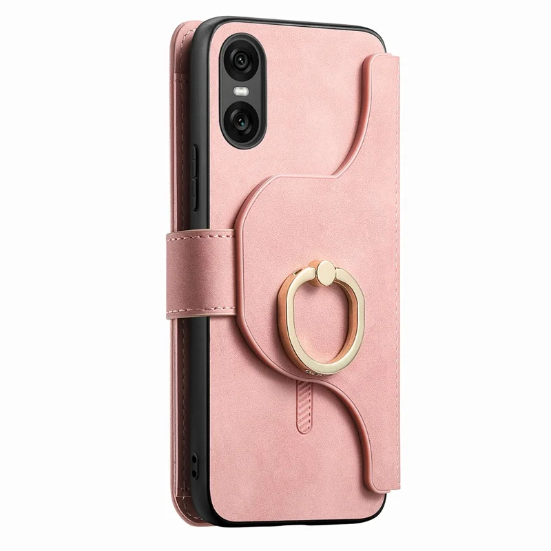 Магнитный кожаный чехол для Sony Xperia 10 VI с отсоединяемым RFID-защитным кошельком на молнии — розовый