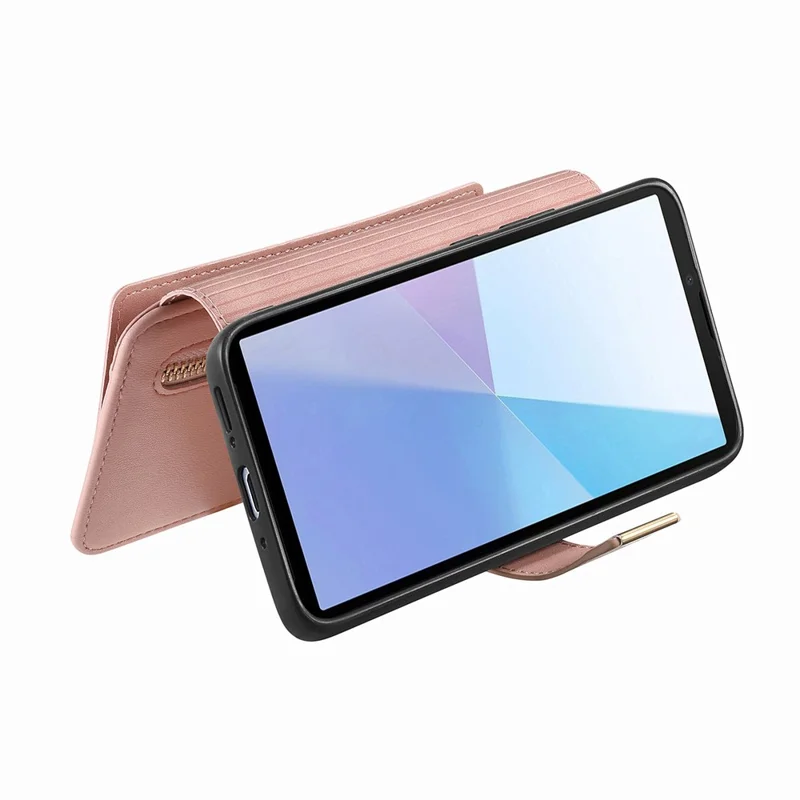 Магнитный кожаный чехол для Sony Xperia 10 VI с отсоединяемым RFID-защитным кошельком на молнии — розовый