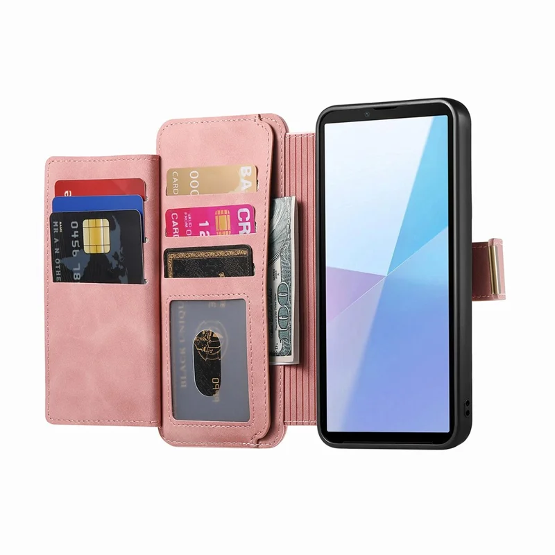 Магнитный кожаный чехол для Sony Xperia 10 VI с отсоединяемым RFID-защитным кошельком на молнии — розовый