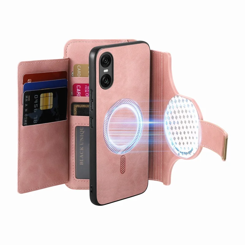 Магнитный кожаный чехол для Sony Xperia 10 VI с отсоединяемым RFID-защитным кошельком на молнии — розовый