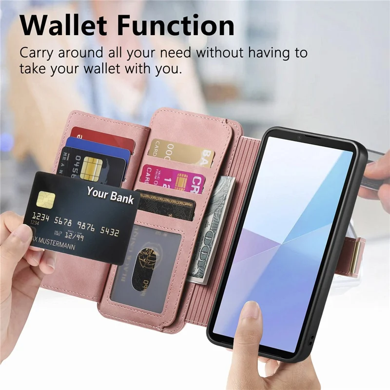 Магнитный кожаный чехол для Sony Xperia 10 VI с отсоединяемым RFID-защитным кошельком на молнии — розовый