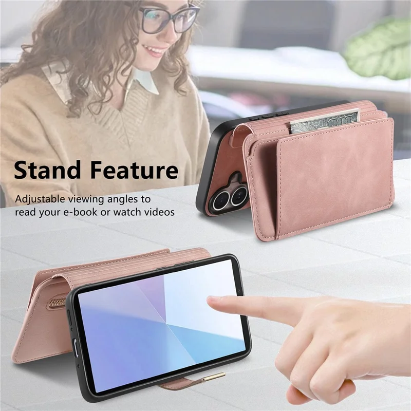 Магнитный кожаный чехол для Sony Xperia 10 VI с отсоединяемым RFID-защитным кошельком на молнии — розовый