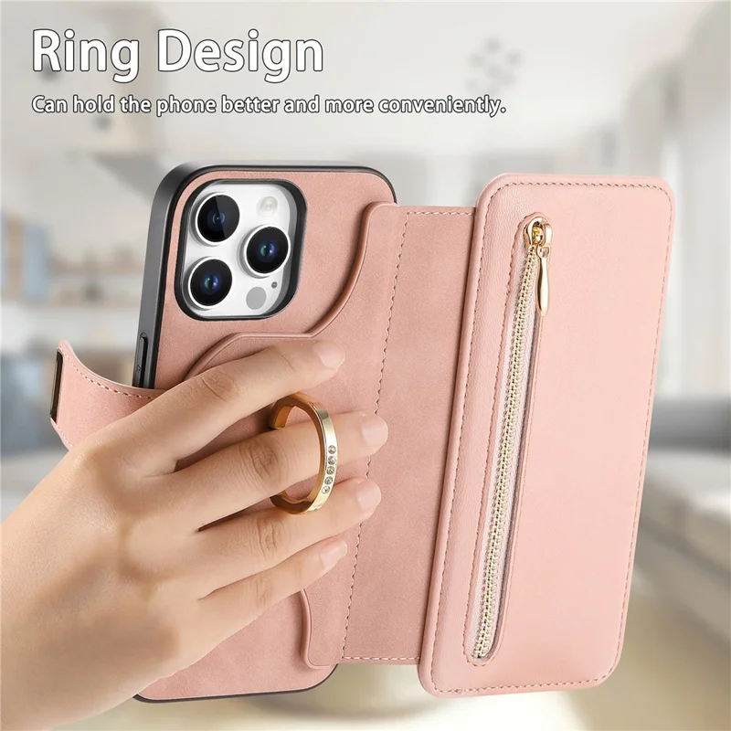 Cover magnetico in pelle per iPhone 15 Pro con custodia portafoglio rimovibile con chiusura a zip e protezione RFID - Rosa