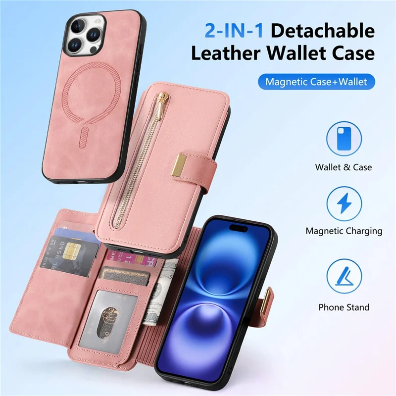 Cover magnetico in pelle per iPhone 15 Pro con custodia portafoglio rimovibile con chiusura a zip e protezione RFID - Rosa