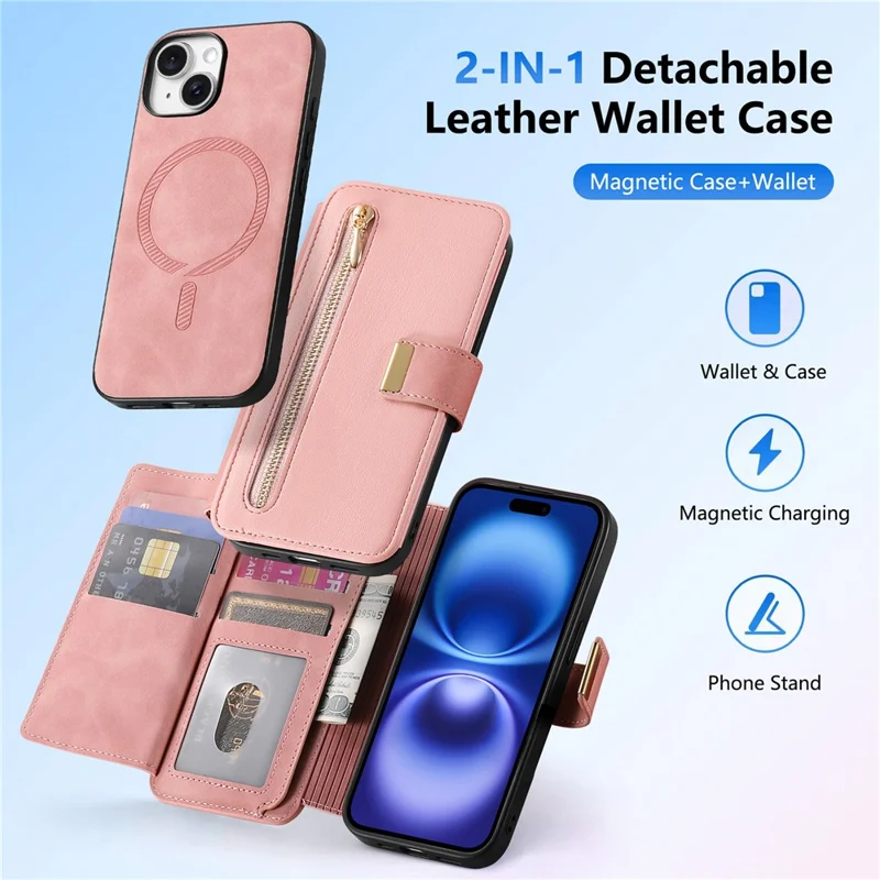 Für iPhone 15 Magnetisches Ledercase mit Abnehmbarer RFID-Schutz-Mappe mit Reißverschluss – Rosa