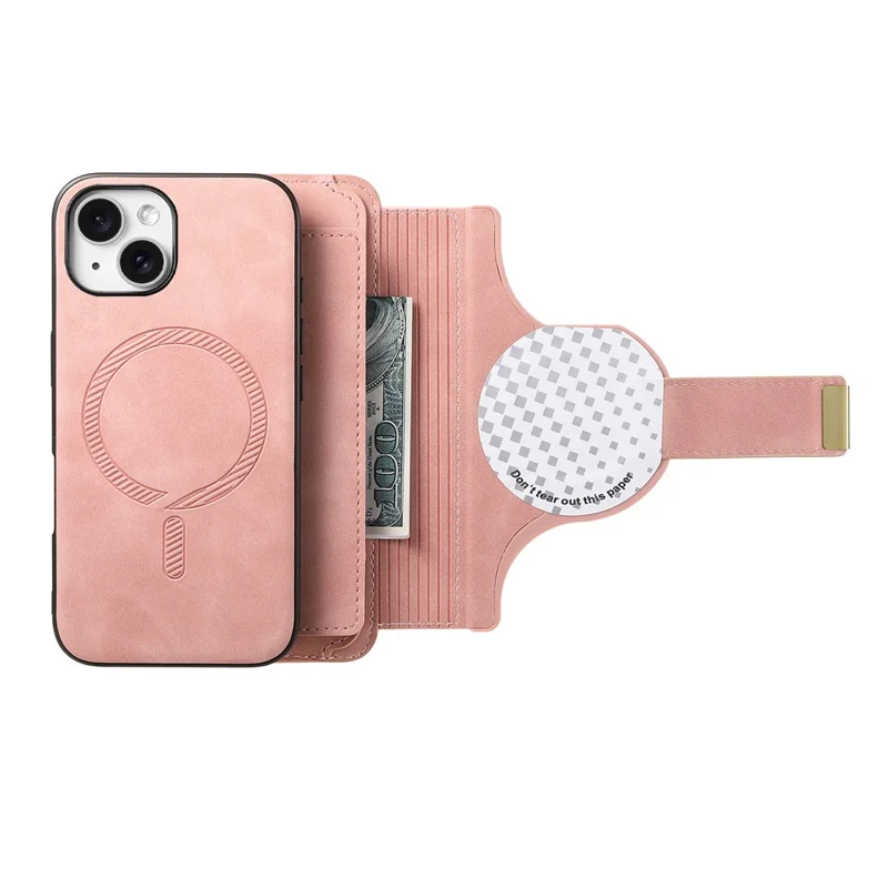Für iPhone 15 Magnetisches Ledercase mit Abnehmbarer RFID-Schutz-Mappe mit Reißverschluss – Rosa