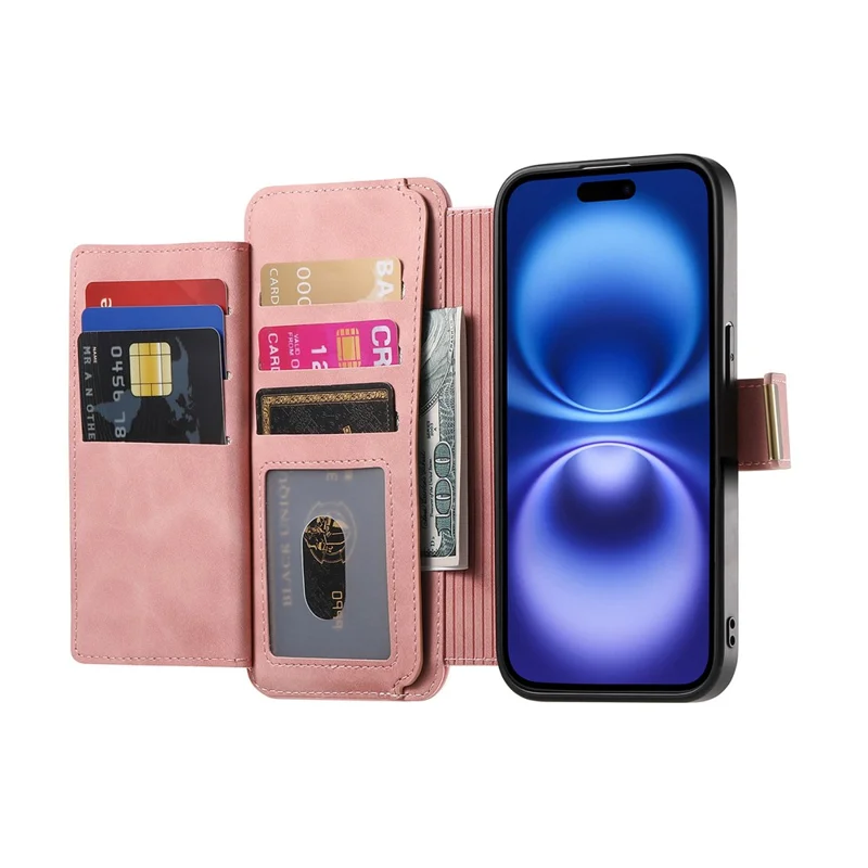 Für iPhone 15 Magnetisches Ledercase mit Abnehmbarer RFID-Schutz-Mappe mit Reißverschluss – Rosa