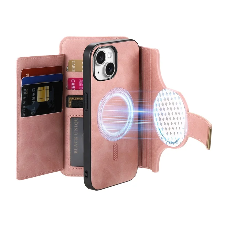 Für iPhone 15 Magnetisches Ledercase mit Abnehmbarer RFID-Schutz-Mappe mit Reißverschluss – Rosa
