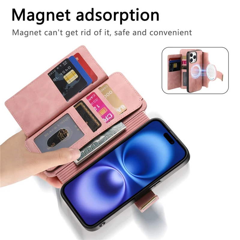 For iPhone 14 Pro Max Magnetic Leather Case with Detachable RFID Blocking Zipper Wallet Cover - Pink