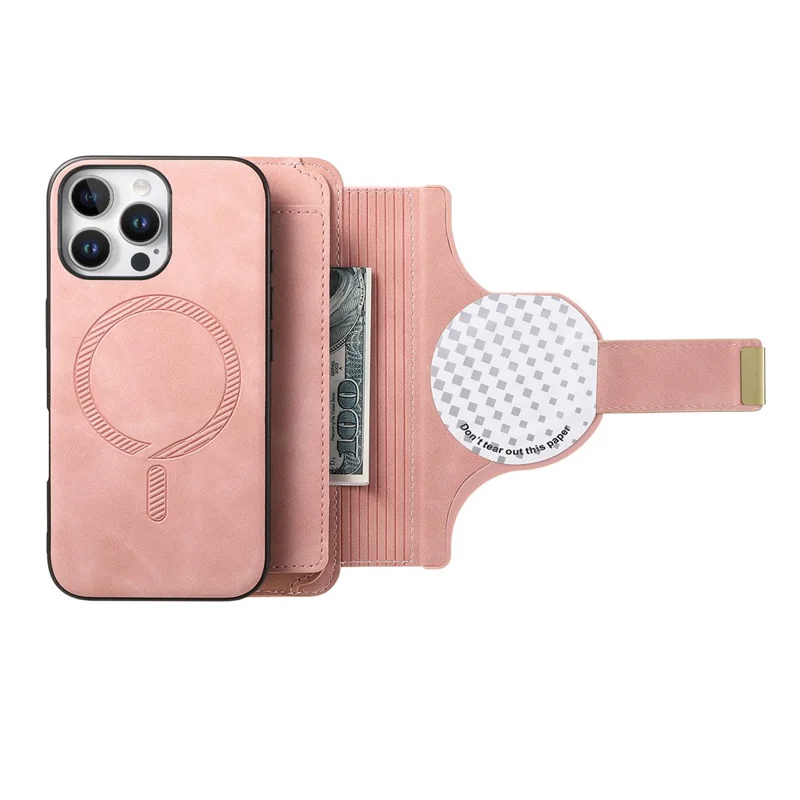 For iPhone 14 Pro Max Magnetic Leather Case with Detachable RFID Blocking Zipper Wallet Cover - Pink