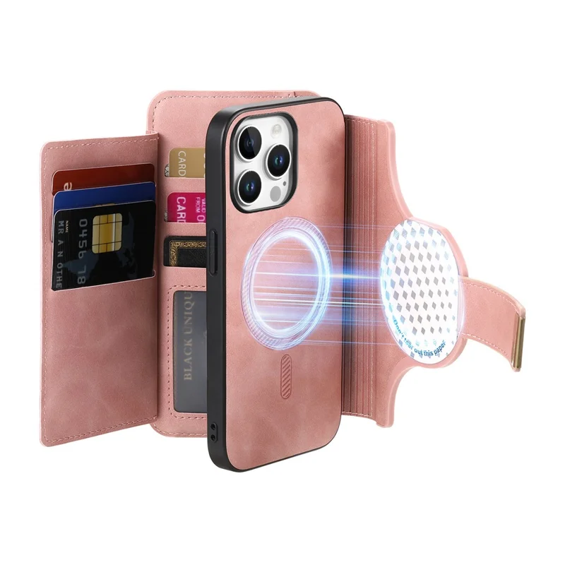For iPhone 14 Pro Max Magnetic Leather Case with Detachable RFID Blocking Zipper Wallet Cover - Pink