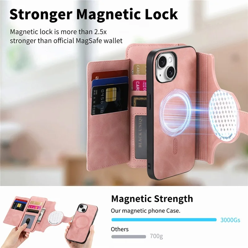 For iPhone 14 Magnetic Leather Case with Detachable RFID Blocking Zipper Wallet Cover - Pink