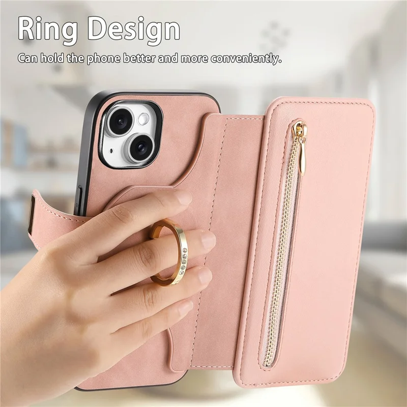 For iPhone 14 Magnetic Leather Case with Detachable RFID Blocking Zipper Wallet Cover - Pink