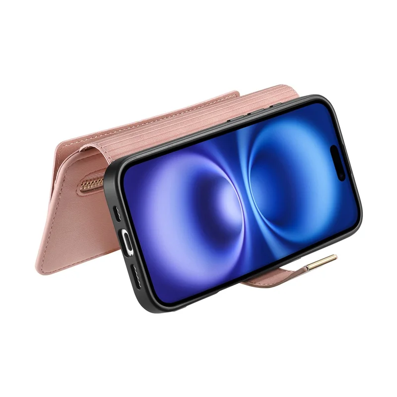 For iPhone 14 Magnetic Leather Case with Detachable RFID Blocking Zipper Wallet Cover - Pink