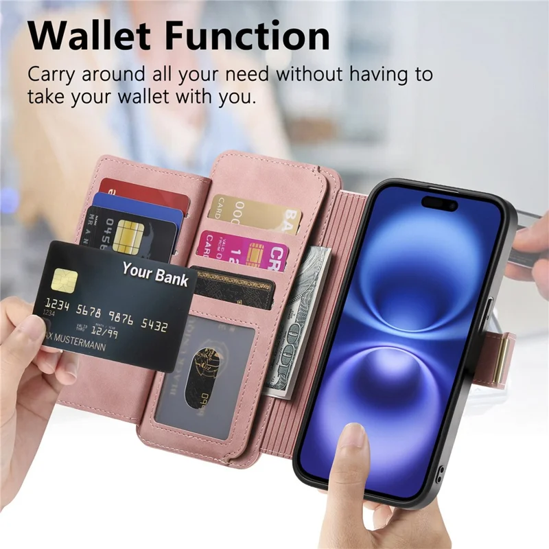 For iPhone 14 Magnetic Leather Case with Detachable RFID Blocking Zipper Wallet Cover - Pink